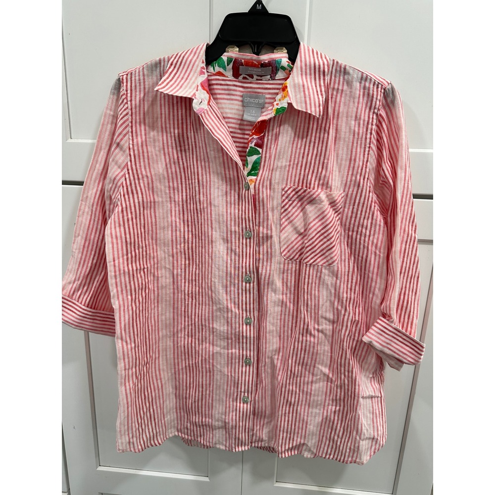 Chico's FreshChic No-Iron Button-Up Top Floral Lined Striped Pink Size 10‎